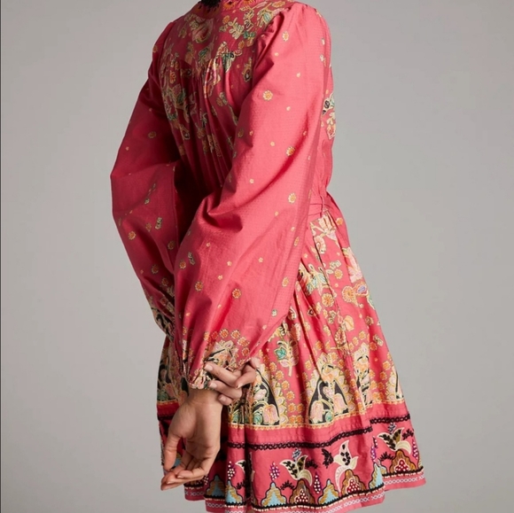 Anthropologie Raquel Long Sleeve Beaded Embroidered Mini Wrap Dress Pink M - Picture 4 of 17